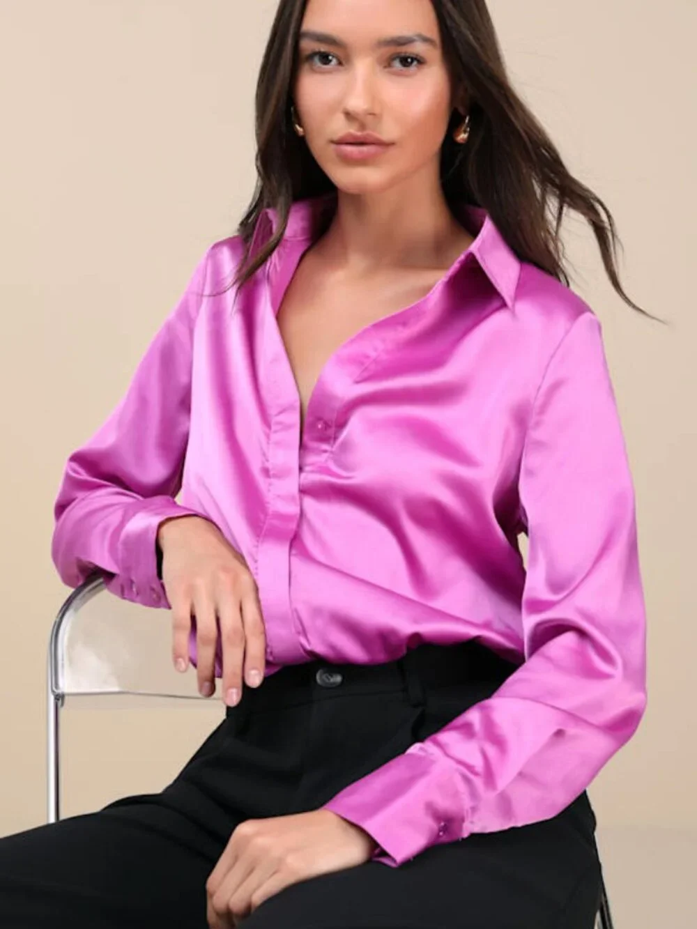 Lulus Luxe Stance Bright Purple Satin Button-up Bodysuit - Size S - Picture 1 of 1